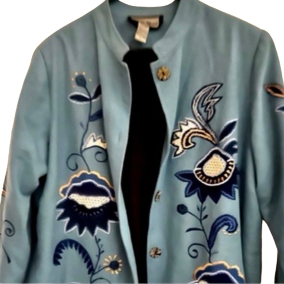 INDIGO MOON DARK SKY BLUE W MULTICOLORED EMBROIDERED FLORALS w CROCHETED ACCENT - Picture 4 of 7